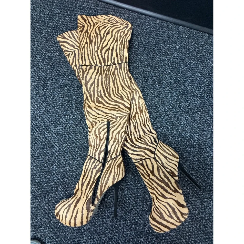 Y2K Mob Wife Tony Bianco Zebra Print Pony Hair Thigh High Stiletto Boots 9.5